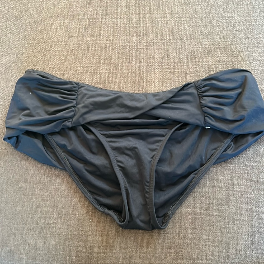 NWT Badgley Mischka Solid Black Wide Banded Bikini Botton Ruched detail SIZE 12